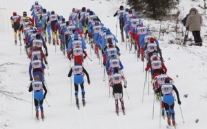 Athletes compete during the men's 15km Classic and 15km Free Skiathlon skiing competition at the FIS Cross-Country World Cup in Rybinsk