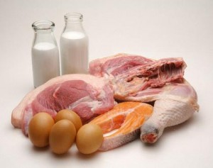 Close-up of a stack of healthy food, meat, eggs and two bottles of milk