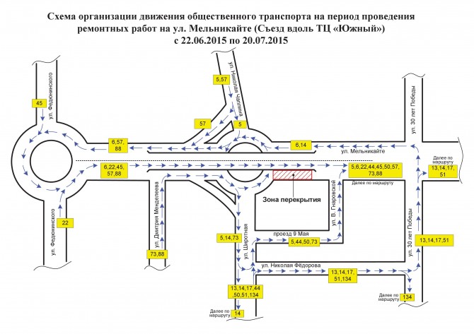 Схема  объезда ул. Мельникайте (съезд у ТЦ «Южный»)